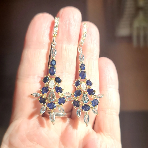 Sapphire Topaz & Moonstone ornate sterling & gold earrings - Picture 8 of 8